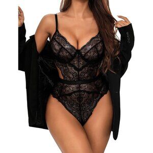 Women's Black Sexy Lace Bodysuit Teddy Snap Crotch Underwire V Neck